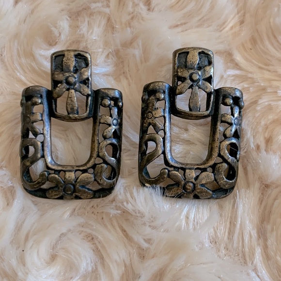 Bronze Ornate Filigree Floral Motif Art Deco Door Knocker Earrings - Picture 1 of 2